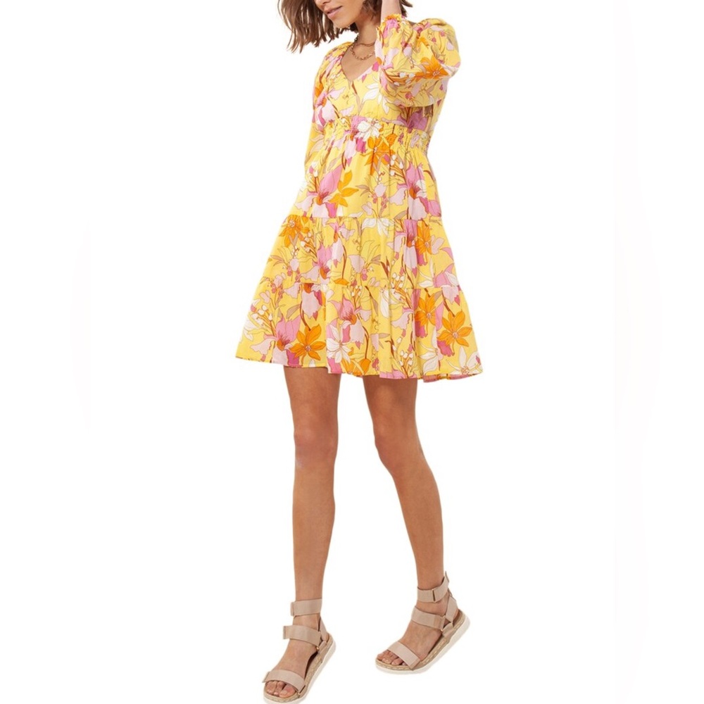 Hale Bob Los Angeles Floral Cotton Dress Yellow Pink Orange Tiered Size XS‎ NEW